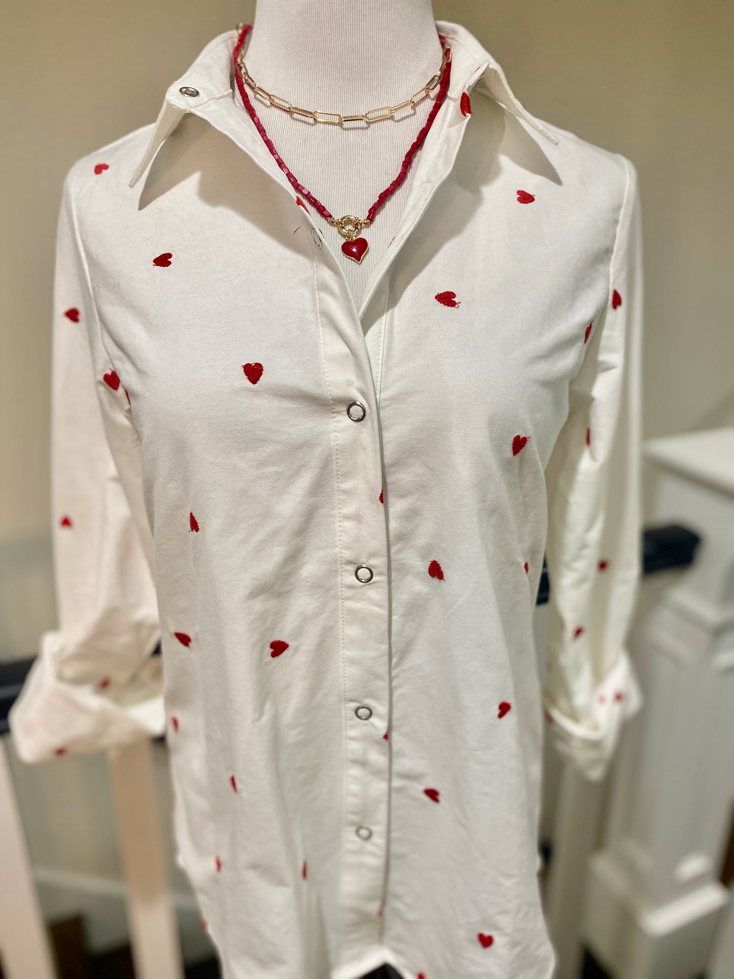 Embroidered Heart Contrast Button Down Shirt Blouse
