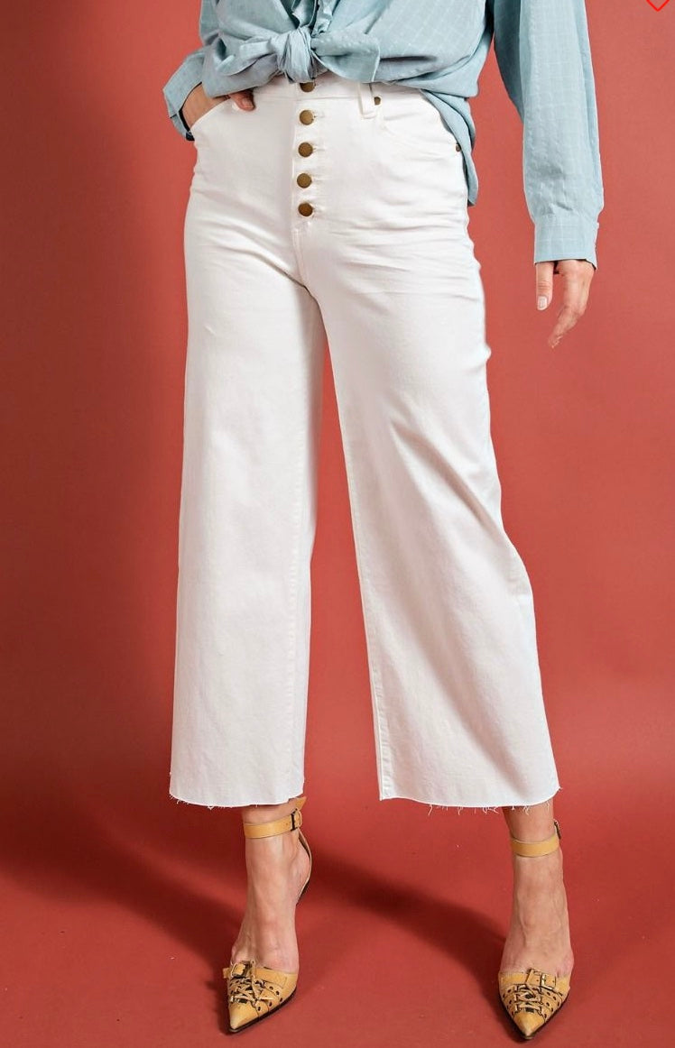 BUTTON FRONT STRETCH TWILL BELL BOTTOM PANTS