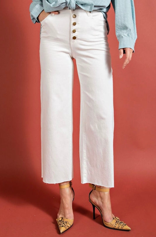 BUTTON FRONT STRETCH TWILL BELL BOTTOM PANTS