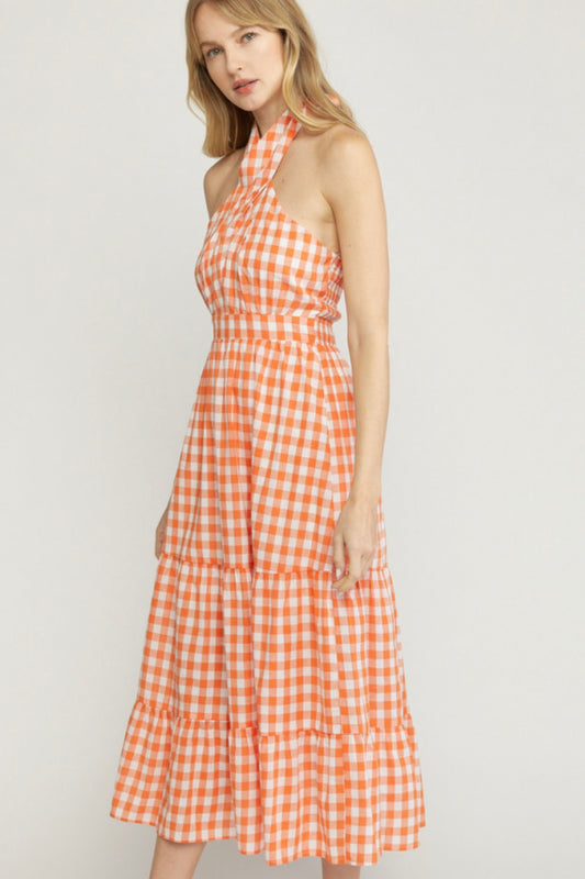 Orange Gingham Halter Dress