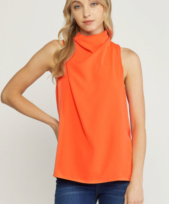 Tangerine Sleeveless Cowl Neck Top