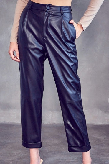 FAUX LEATHER STRAIGHT LEG CUFF PANTS