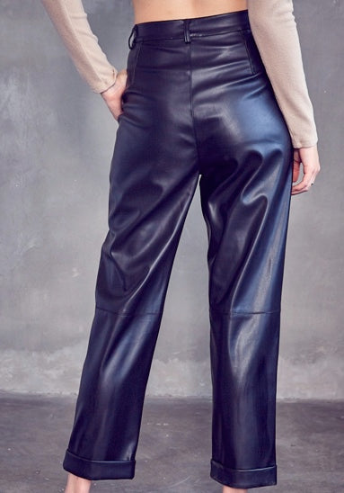 FAUX LEATHER STRAIGHT LEG CUFF PANTS