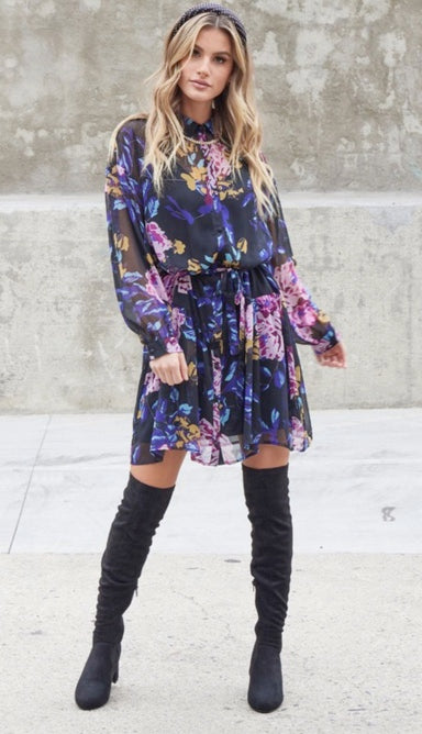 Black Floral Button Up Mini Dress