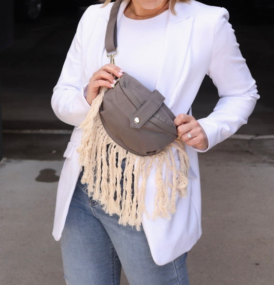 Taupe Cotton Linen Fringe Fanny Pack - Bum Bag - Hip Bag