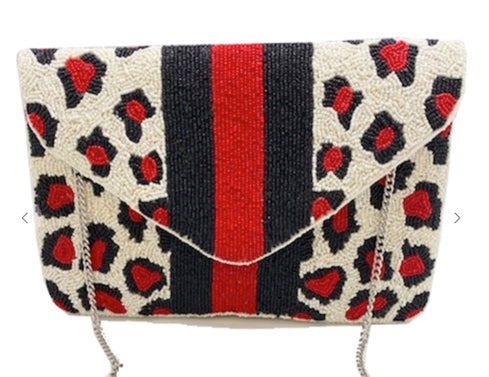 Cheetah Striped Beaded Clutch Bag