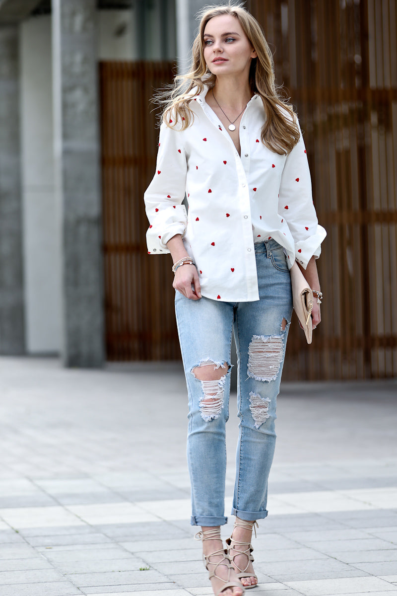 Embroidered Heart Contrast Button Down Shirt Blouse