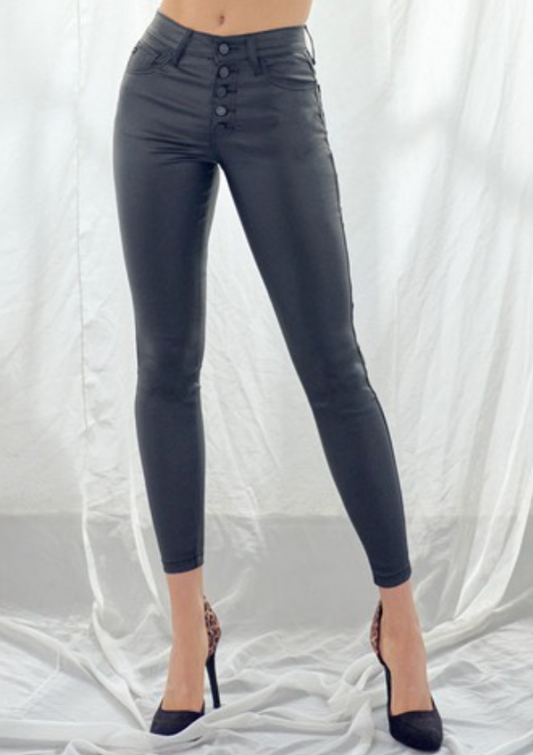 Black High Rise Leather Ankle Skinny