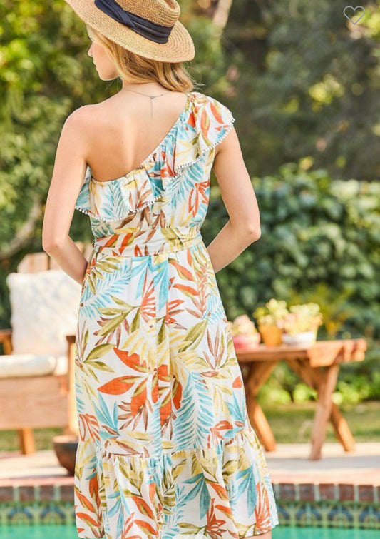 One Shoulder Elastic Top Tropical Print Dress