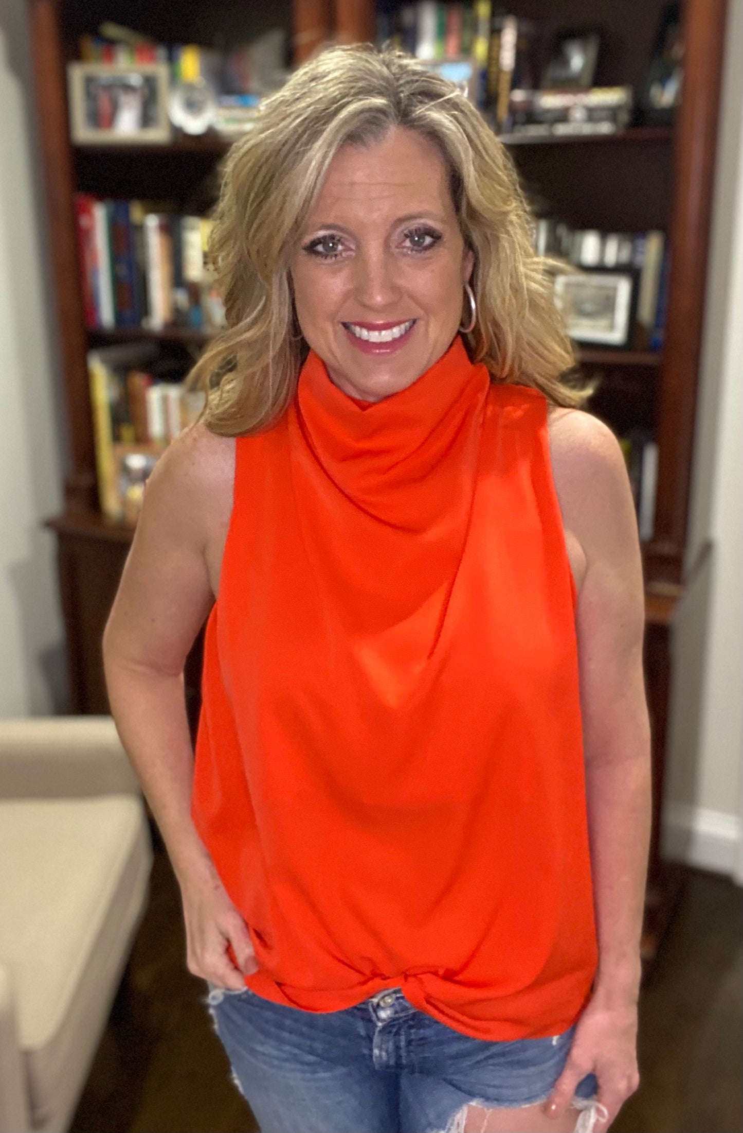 Tangerine Sleeveless Cowl Neck Top